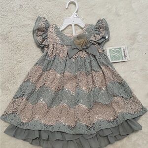 Bonnie Jean Gray and Cream Lace Kids Dress